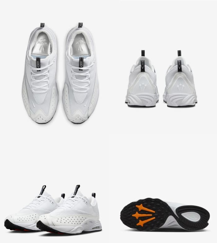 A detailed look at Drake's white and black Nike sneakers.